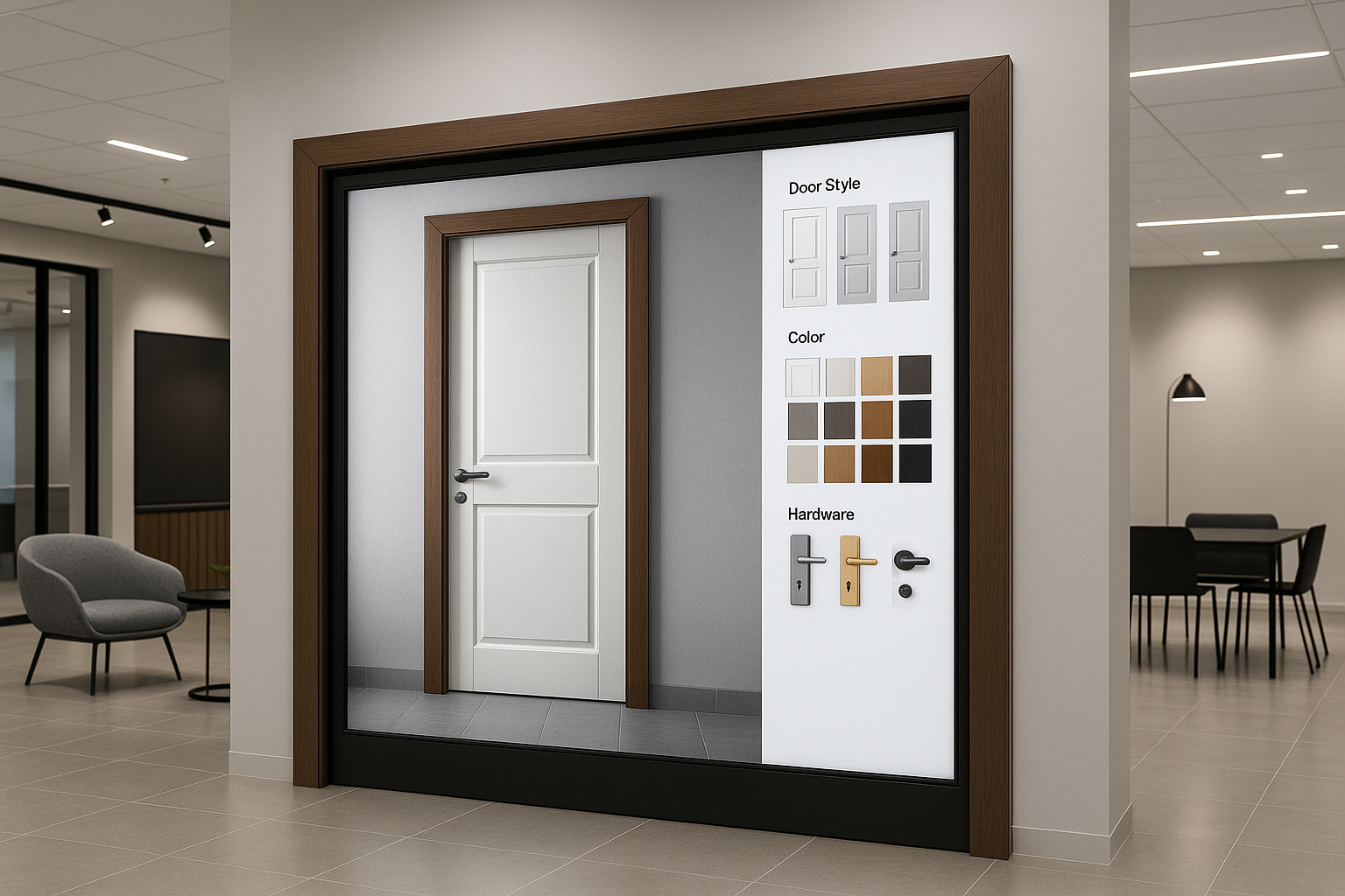 3d door konfigurator in our showroom to represent doors konfigurated in the software in real on big door size screen. also add a door frame around the screen.
