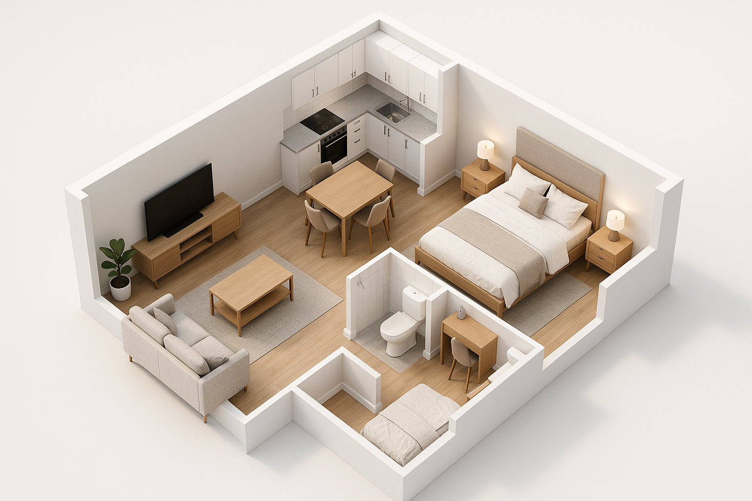 3d rendered bird view einer wohnung mit zwei zimmern, küche, badezimmer. wie eine aufnahme die von einer app zusammen gestellt wurde  für ein investoren projekt einer wohnung in einem gebäude mit vielen wohnungen