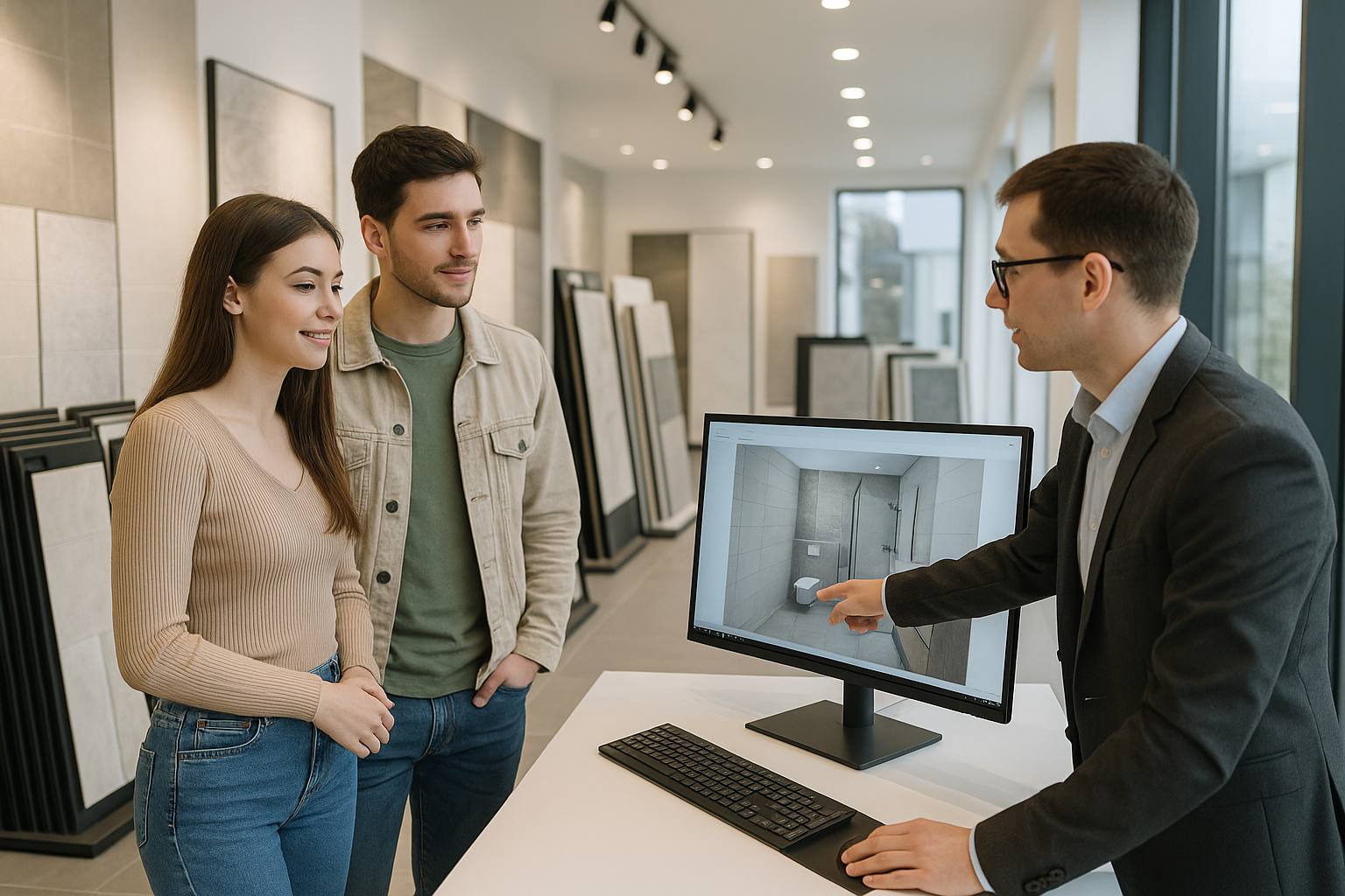 a scene of a young customer couple in a modern looking ttile showroom where the working guy is planning and showing them the 3D Visualitaon of their bathroom on a desktop screen with a 3D planning software. 