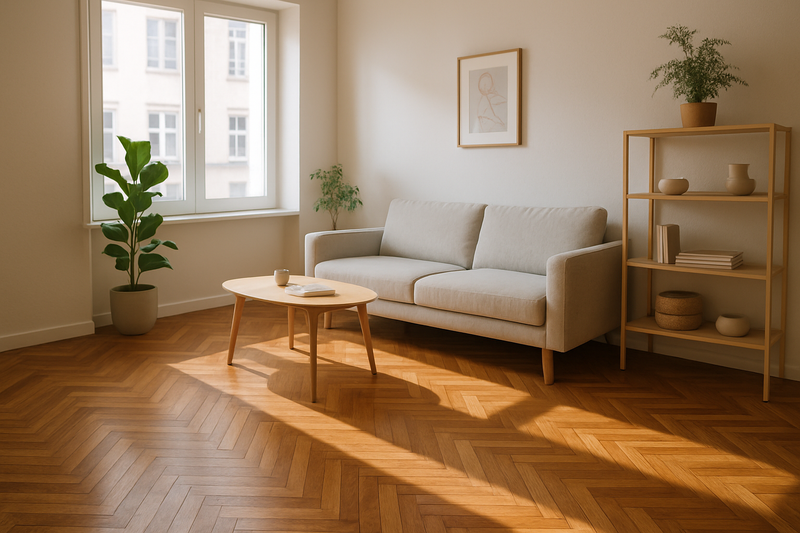 bild eines modernen wohnzimmers in einer kleinen wohnung mit viel licht und dem fokus auf einen wunderschönen parkett boden