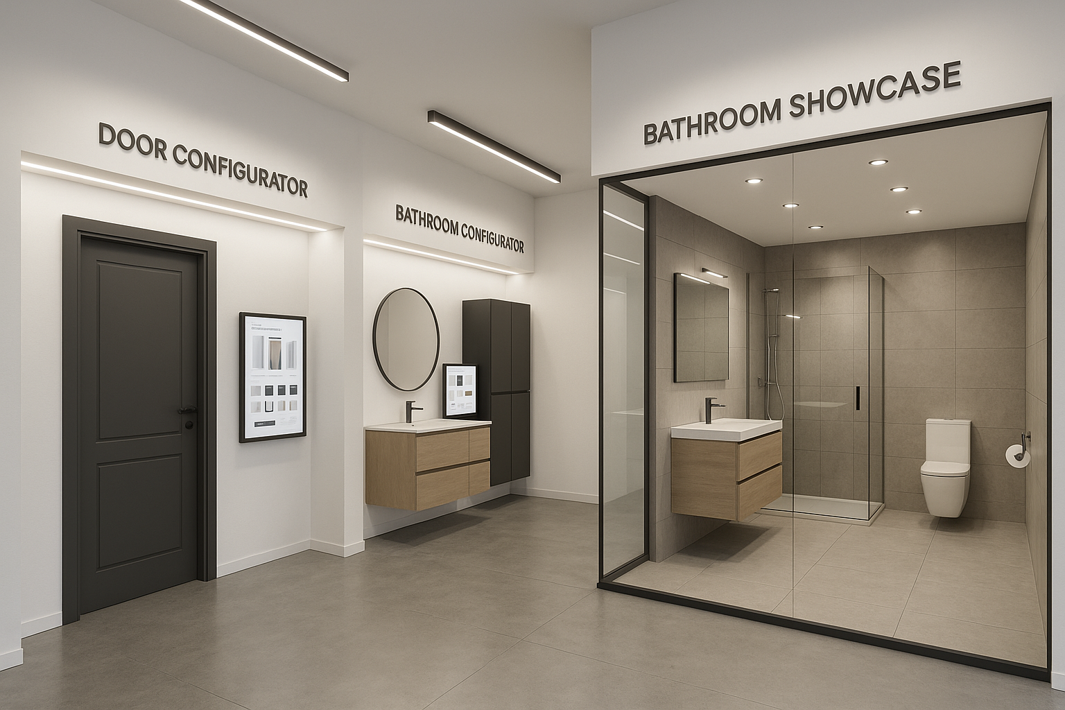 Create me a modern looking 3d image of a showroom where i can present our technologies with three parts. 1 part is real size door configurator, 2 part is badezimmer möbel konfigurator, 3 part is real build functional bathrooms with our materials